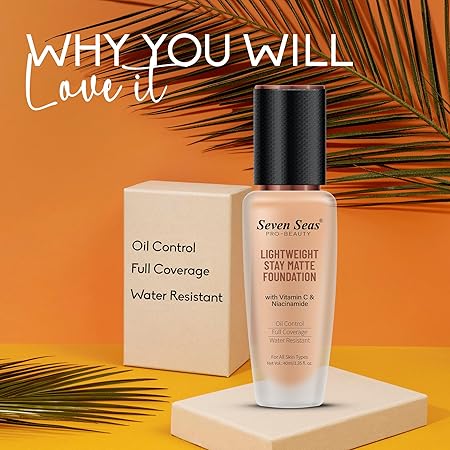 Seven Seas Stay Matte Foundation | Lightweight and Long Lasting Foundation with Vitamin C and Niacinamide | Full Coverage Foundation for Women (Skin)