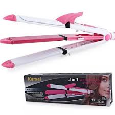 Kemei KM-1213 Professional 3 in 1 Electric Multifunction Ceramic Iron Wave Hair Curler Straighter for women - Mini Hair Straightener - Hair Straightener