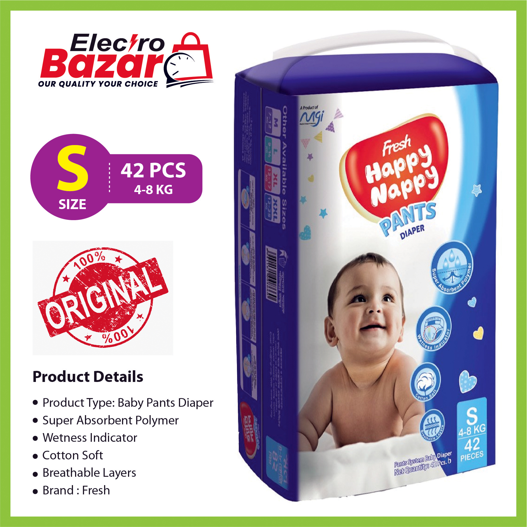 Fresh Happy Nappy Diaper 4-8 Kg  Size- S,  42 Pcs Standard Pack
